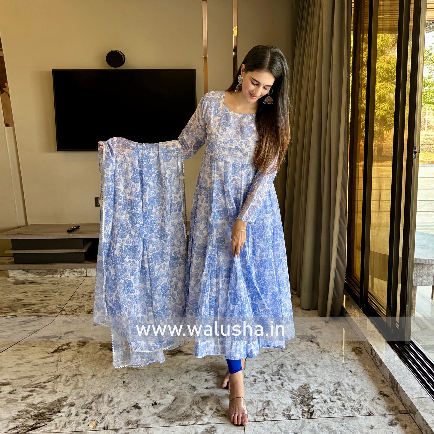 Middle Blue Floral Printed Designer Organza Anarkali Kurti Set
