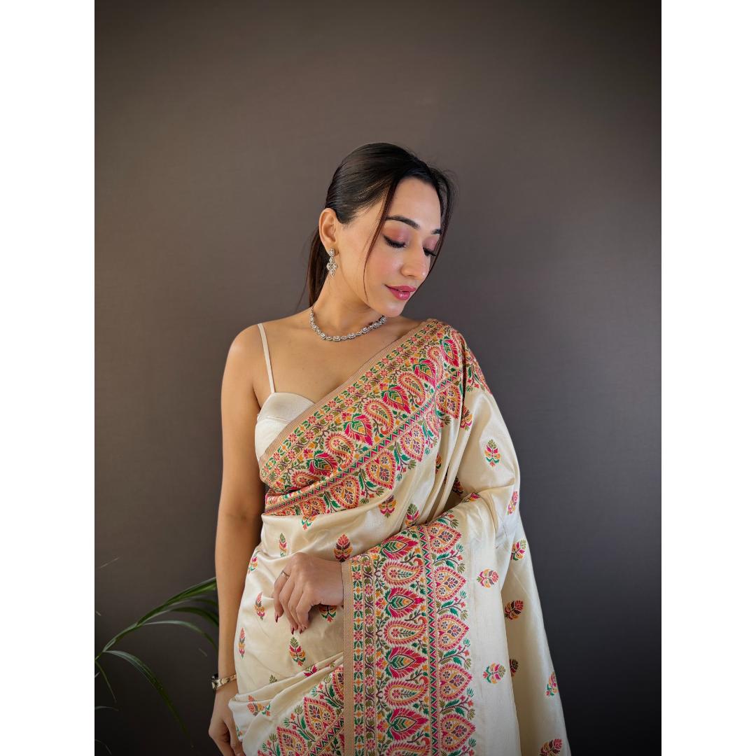 Light Cream Pure Kashmiri Butti Pattern Pallu Woven Silk Saree