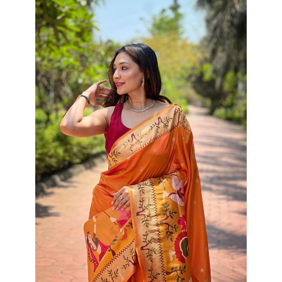 Orange Pure Kanchivram Paithani All Over Zari Weaving Silk Saree
