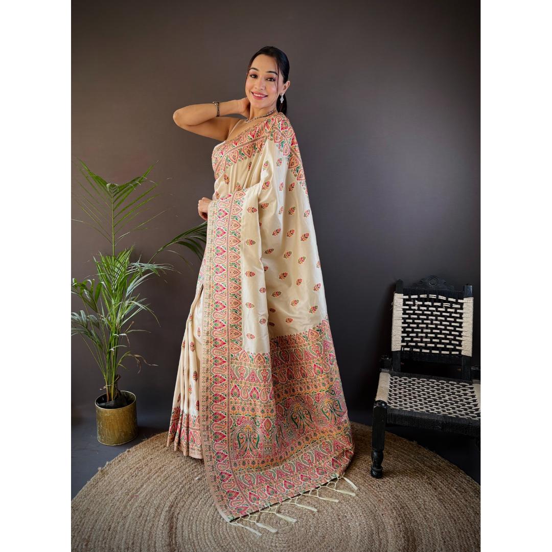 Light Cream Pure Kashmiri Butti Pattern Pallu Woven Silk Saree