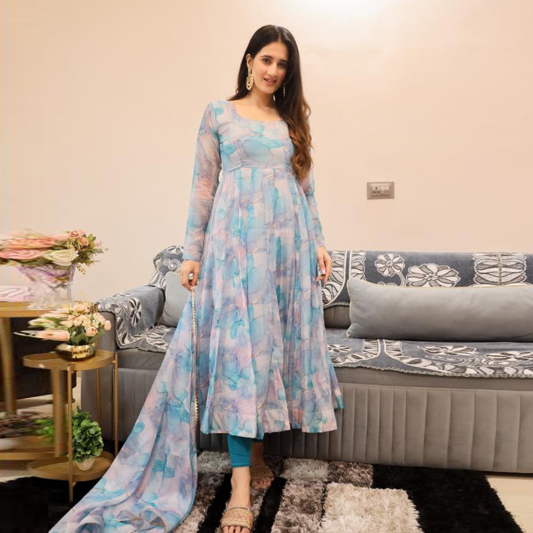 Teal Blue Printed Kali Cut Designer Organza Kurtis