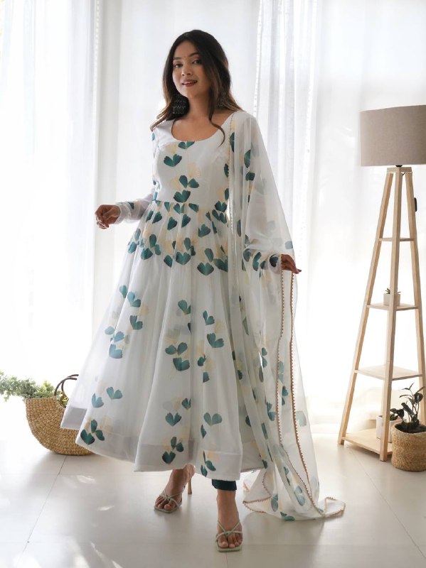 White And Green Printed Organza Designer Long Kurti With Dupatta