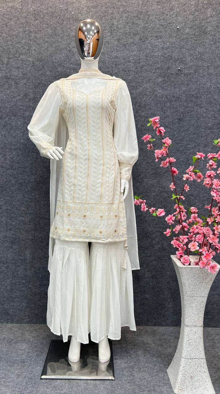 Beautiful Pure Lucknowi Embroidery Cotton Thread Work Sequence Work Sharara And Dupptaa Set