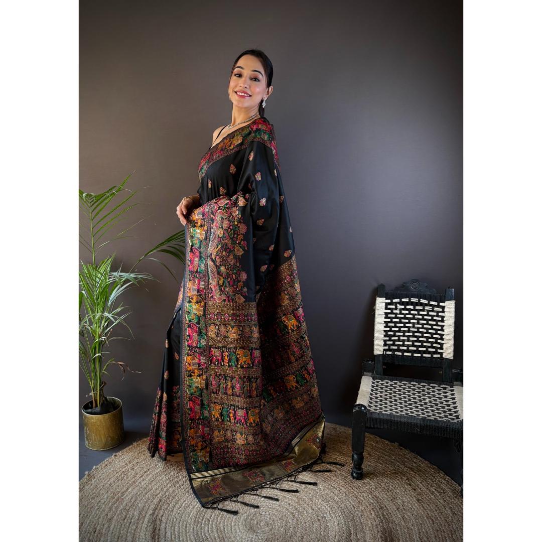 Black Pure Kashmiri Elephant Pattern Pallu Woven Silk Saree