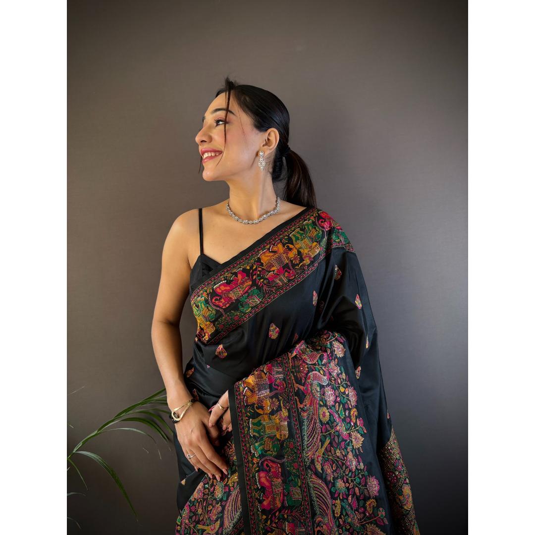 Black Pure Kashmiri Elephant Pattern Pallu Woven Silk Saree