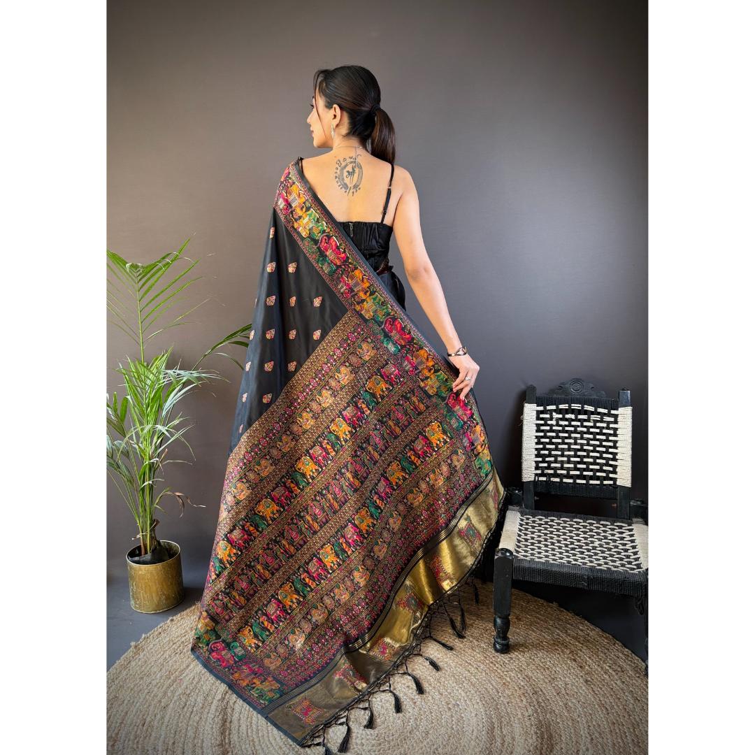 Black Pure Kashmiri Elephant Pattern Pallu Woven Silk Saree