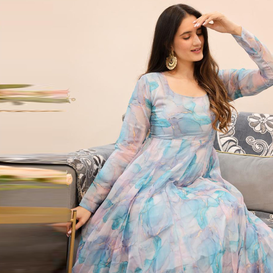 Teal Blue Printed Kali Cut Designer Organza Kurtis