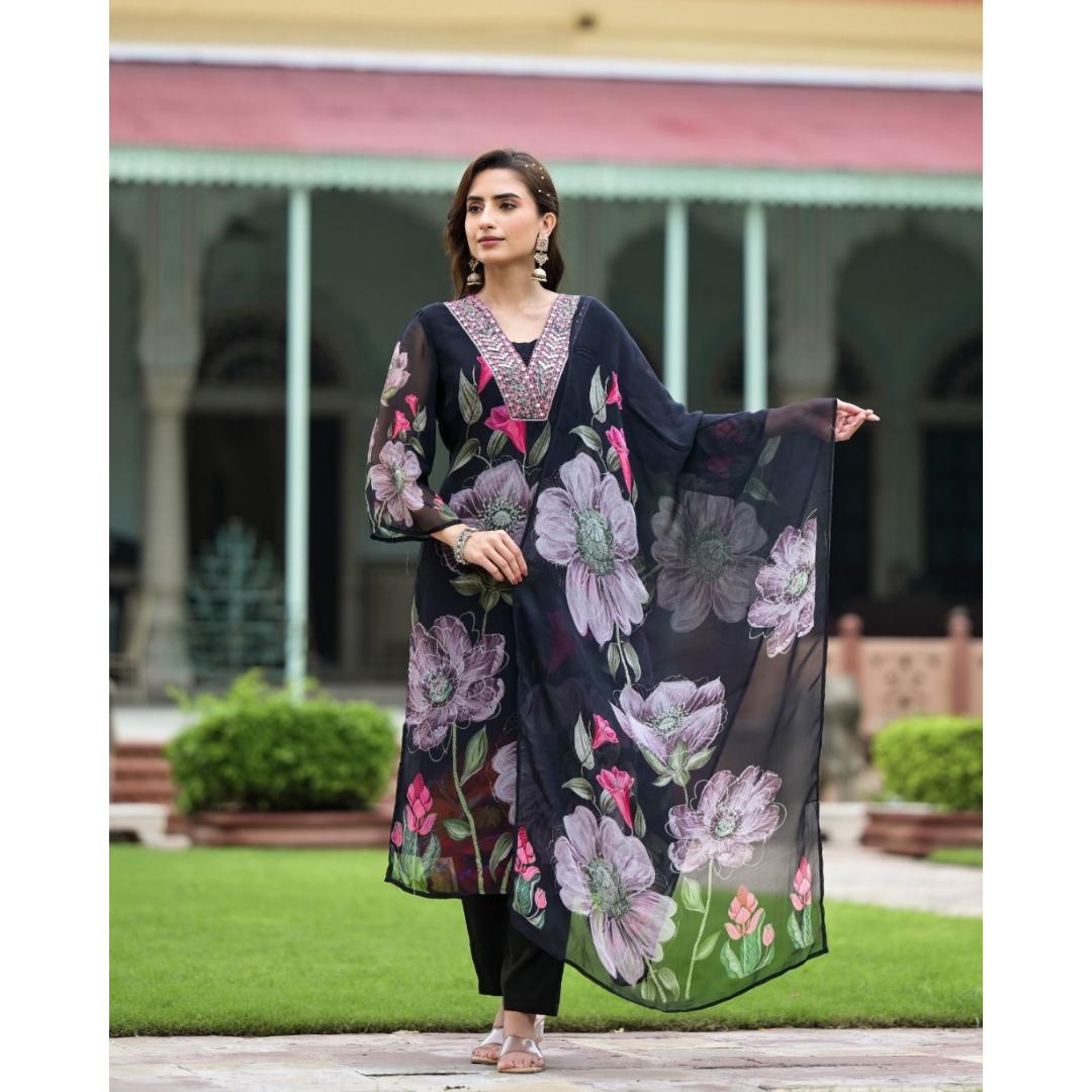 Black Printed Embroidery Georgette Kurti Set