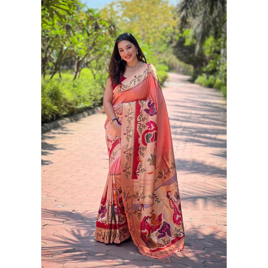 Peach Pure Kanchivram Paithani All Over Zari Weaving Silk Saree