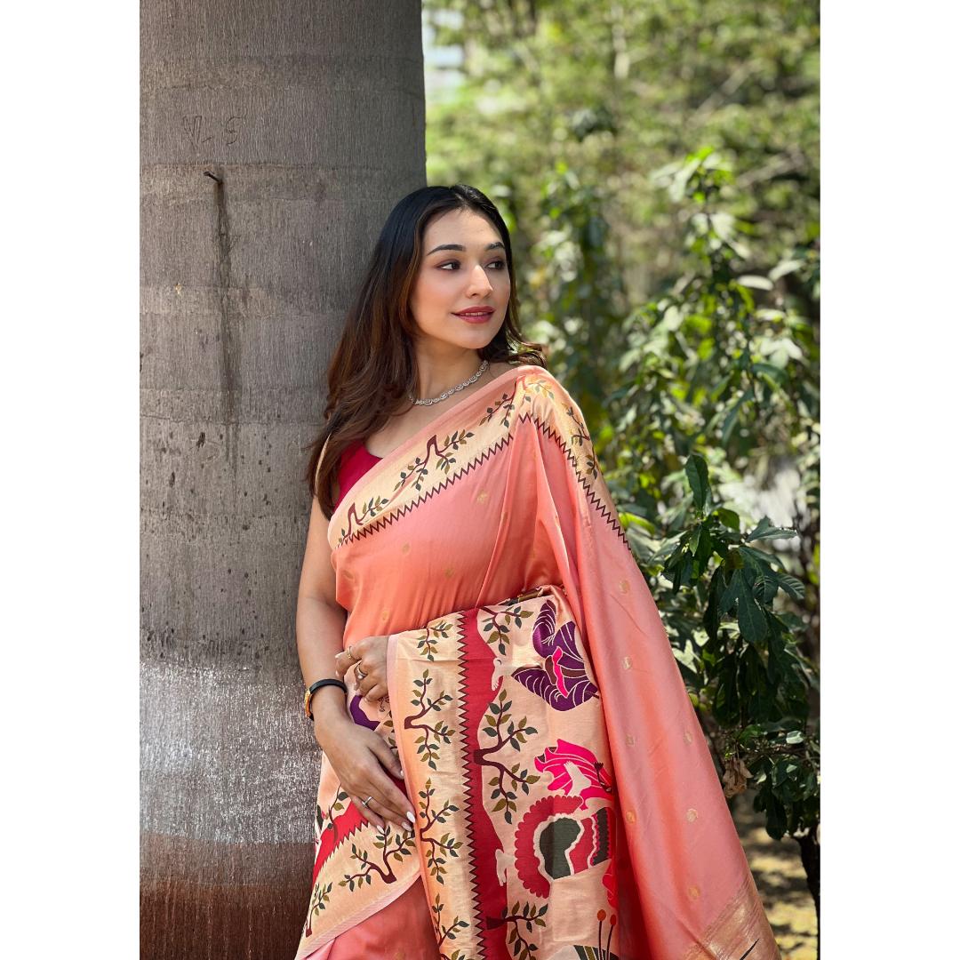 Peach Pure Kanchivram Paithani All Over Zari Weaving Silk Saree