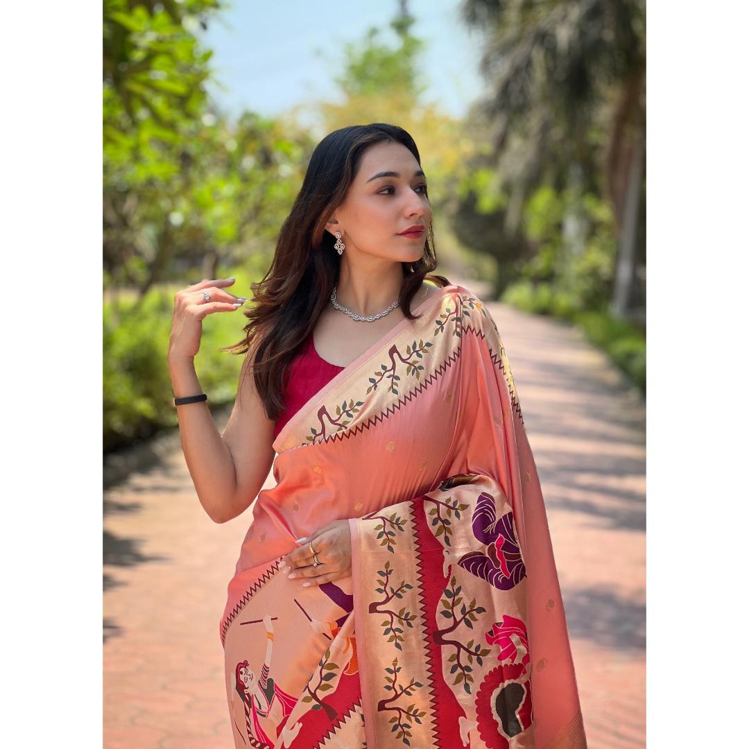 Peach Pure Kanchivram Paithani All Over Zari Weaving Silk Saree
