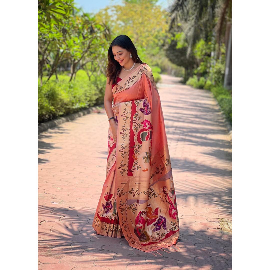 Peach Pure Kanchivram Paithani All Over Zari Weaving Silk Saree