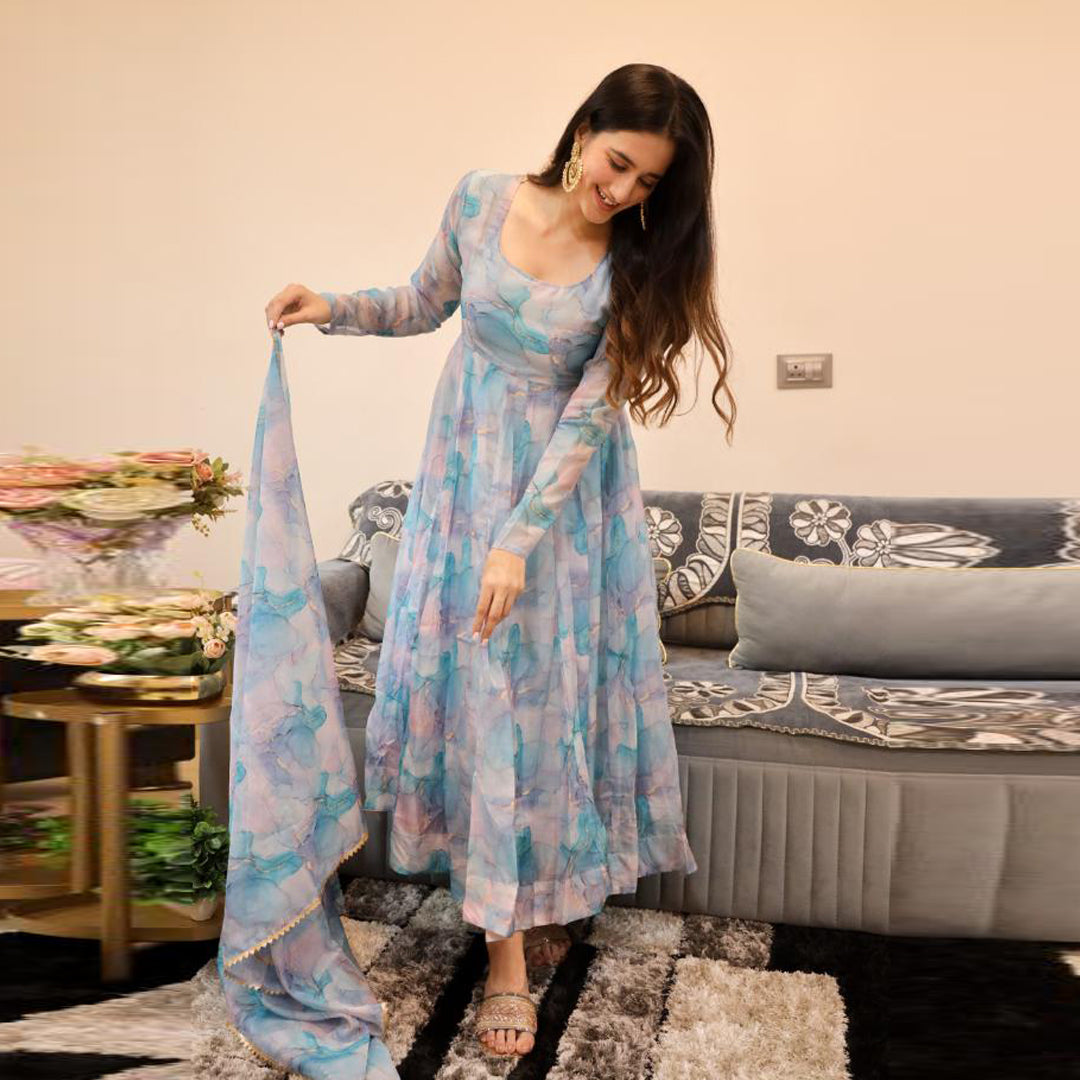 Teal Blue Printed Kali Cut Designer Organza Kurtis