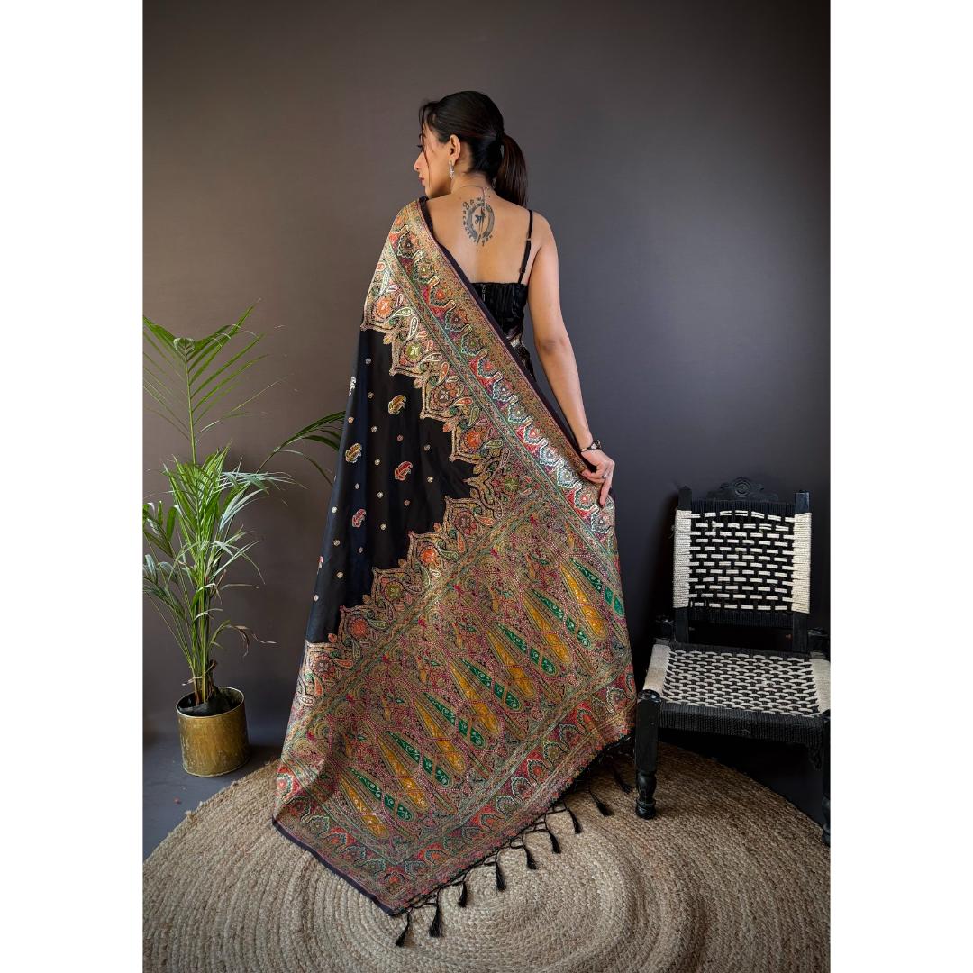 Matt Black Pure Kashmiri Pattern Pallu Woven Silk Saree