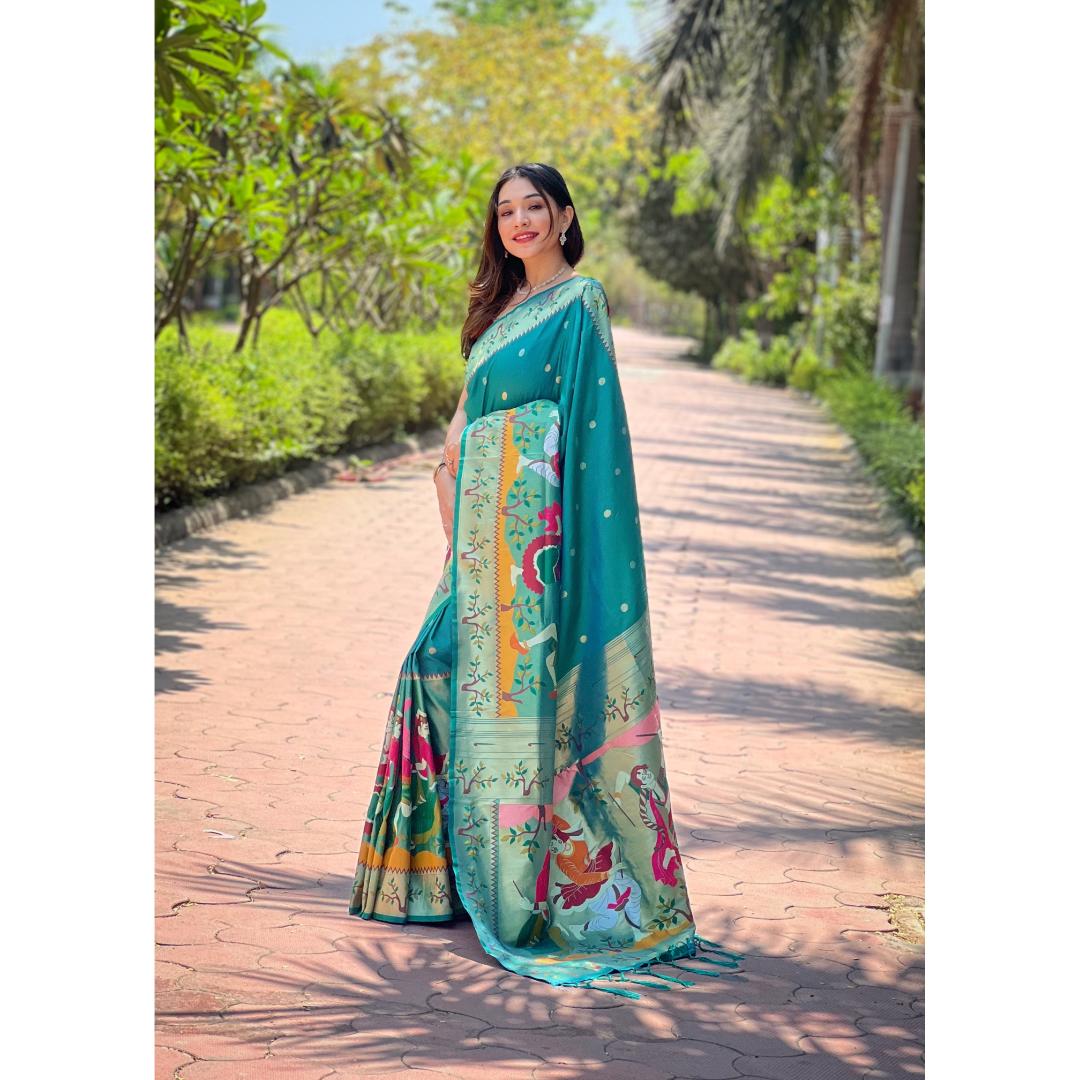 Firozi Pure Kanchivram Paithani All Over Zari Weaving Silk Saree