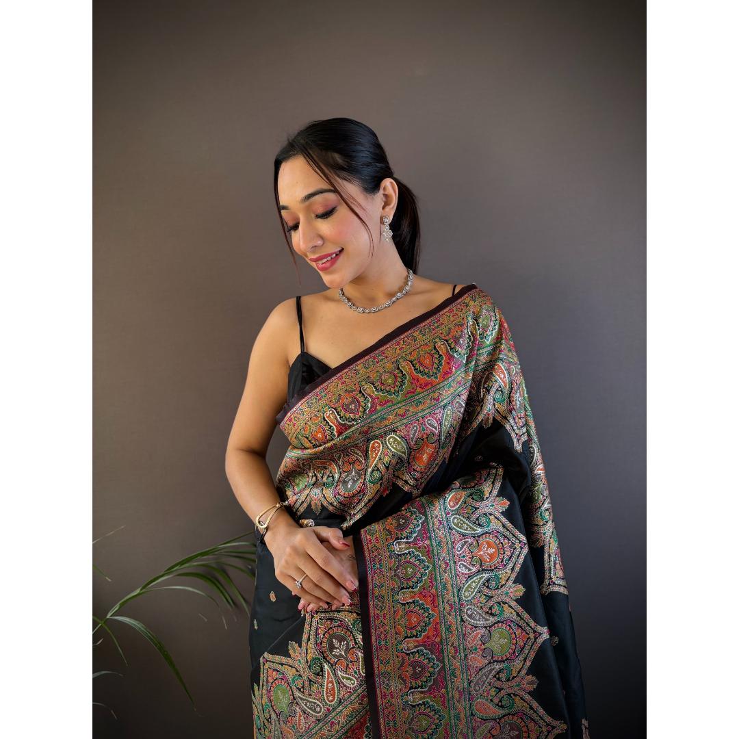 Matt Black Pure Kashmiri Pattern Pallu Woven Silk Saree