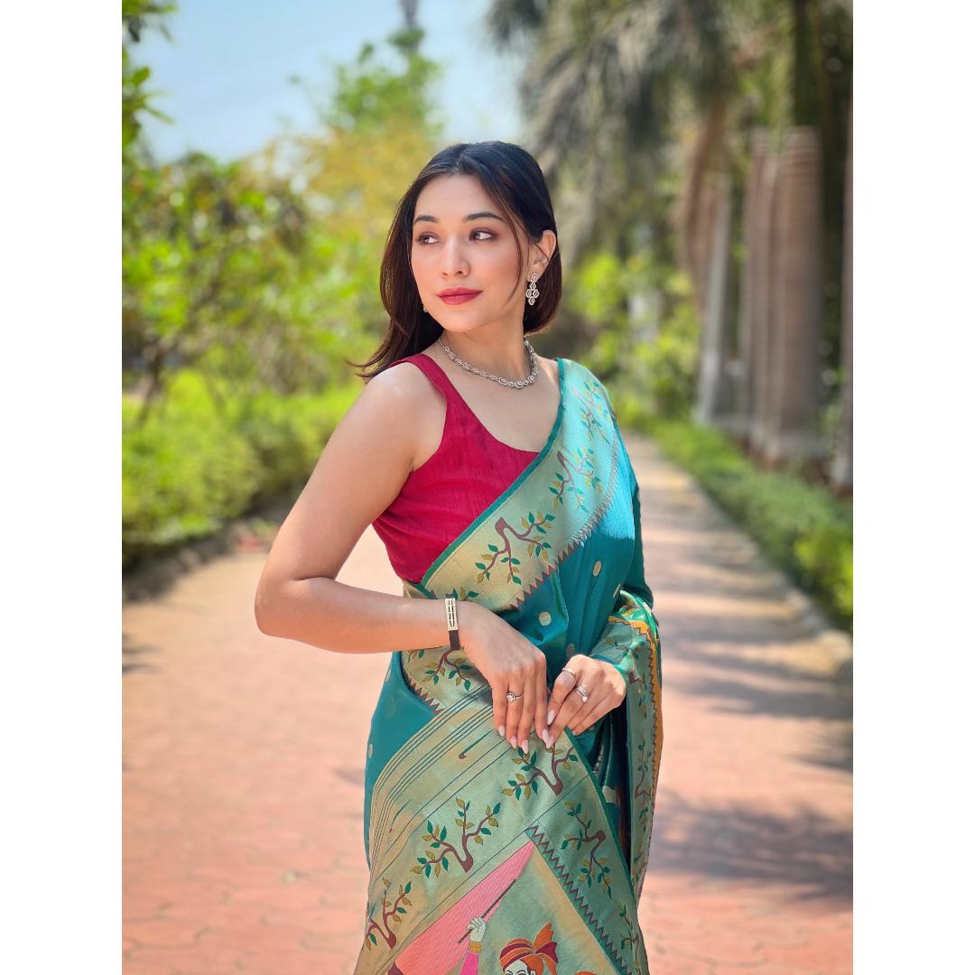 Firozi Pure Kanchivram Paithani All Over Zari Weaving Silk Saree