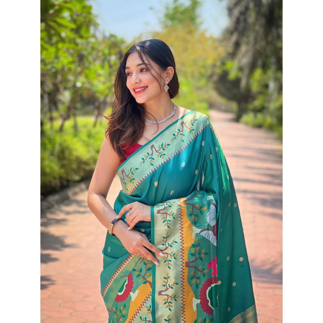 Firozi Pure Kanchivram Paithani All Over Zari Weaving Silk Saree