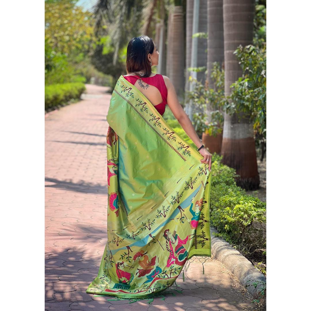 Parrot Pure Kanchivram Paithani All Over Zari Weaving Silk Saree