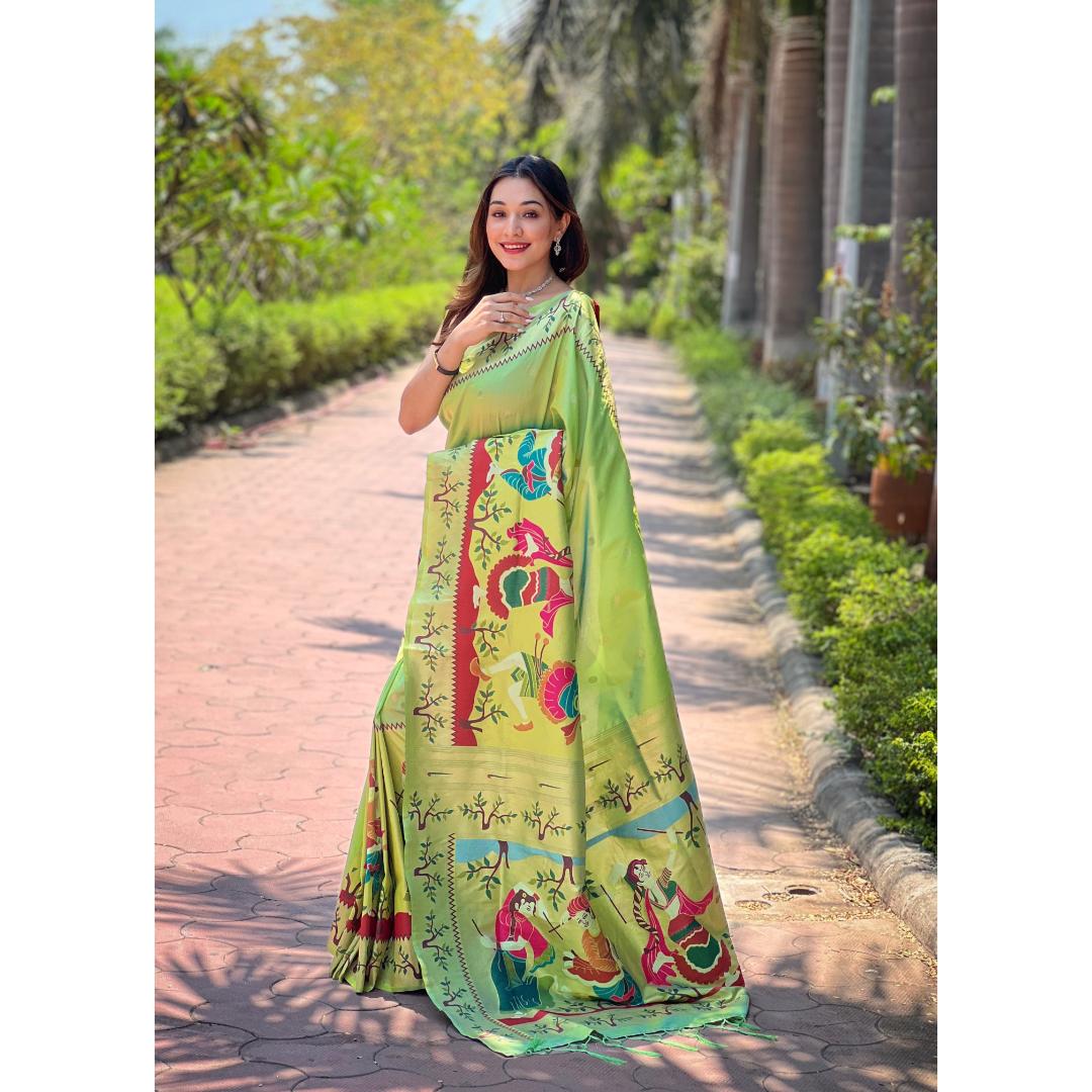 Parrot Pure Kanchivram Paithani All Over Zari Weaving Silk Saree