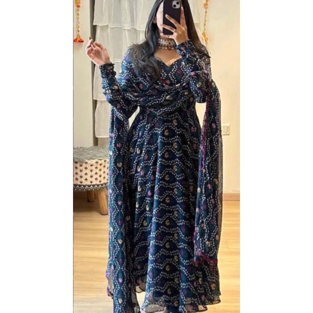 Navy Blue Bandhej Printed Long Kurtis