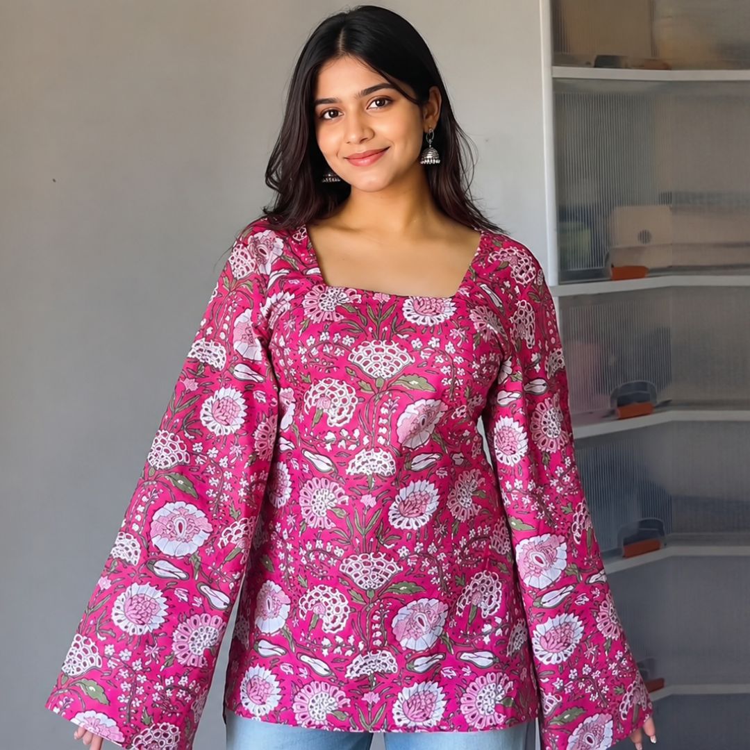 Pink Floral Printed Elegant Square Neck Short Kurti