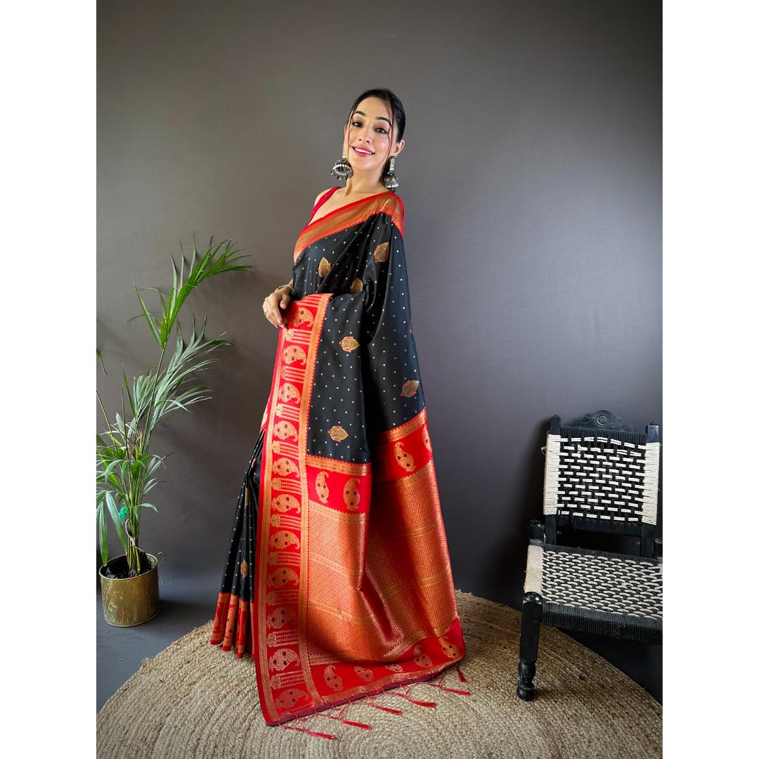 Red And Black Pure Soft Banarasi Zari Woven Silk Saree