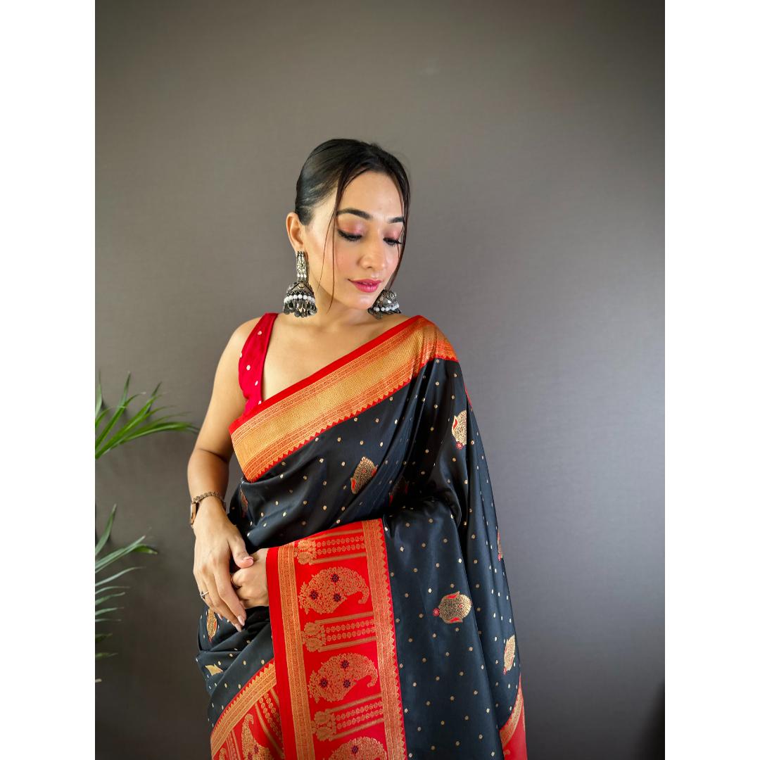 Red And Black Pure Soft Banarasi Zari Woven Silk Saree