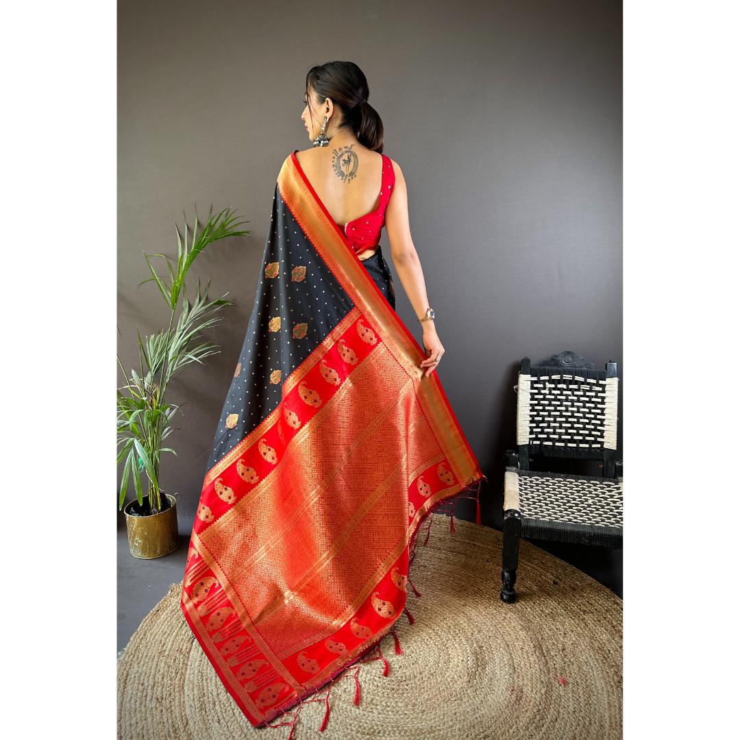 Red And Black Pure Soft Banarasi Zari Woven Silk Saree
