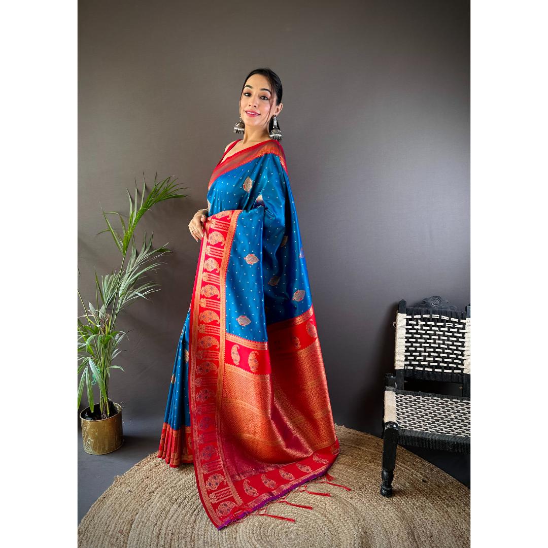 Sky Blue And Red Pure Soft Banarasi Zari Woven Silk Saree