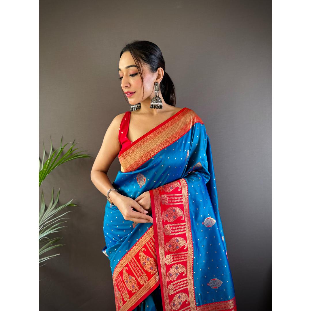 Sky Blue And Red Pure Soft Banarasi Zari Woven Silk Saree