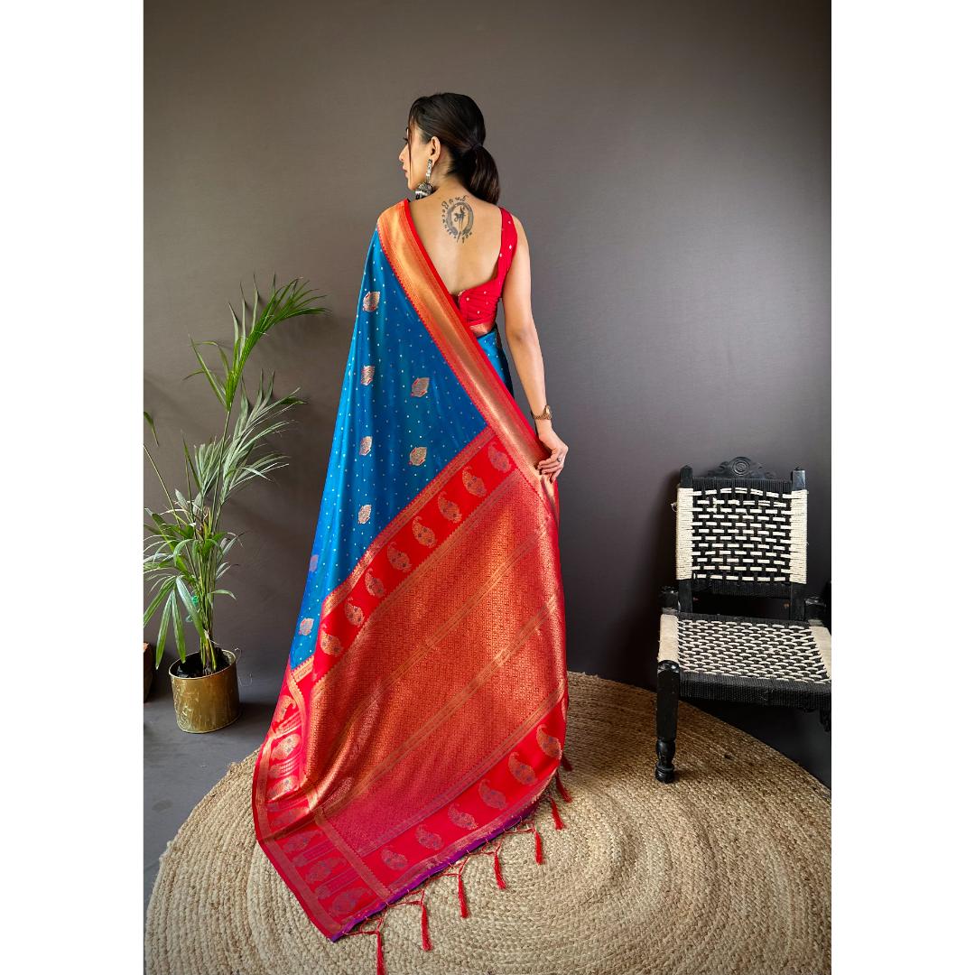 Sky Blue And Red Pure Soft Banarasi Zari Woven Silk Saree