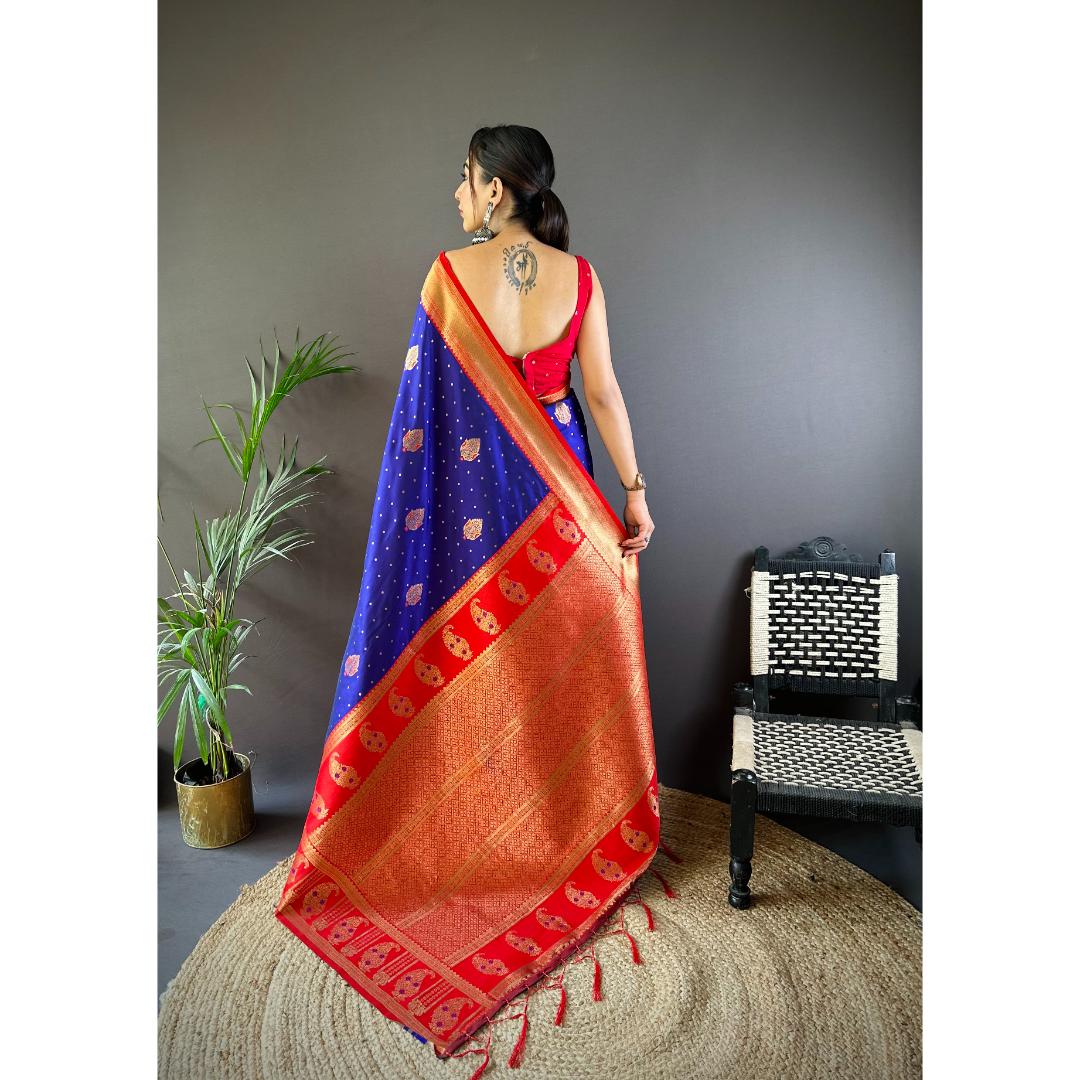 Blue And Red Pure Soft Banarasi Zari Woven Silk Saree