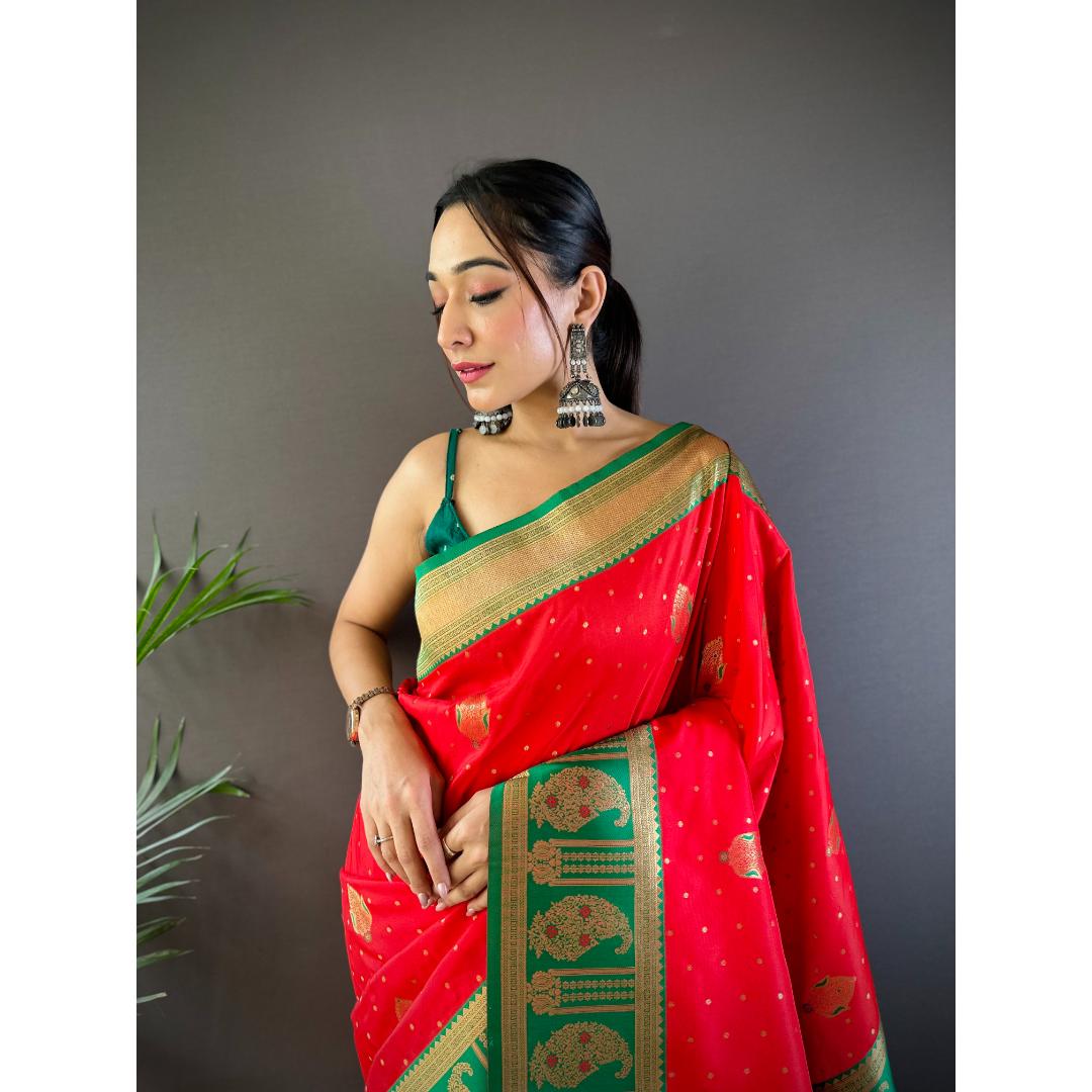 Red And Green Pure Soft Banarasi Zari Woven Silk Saree