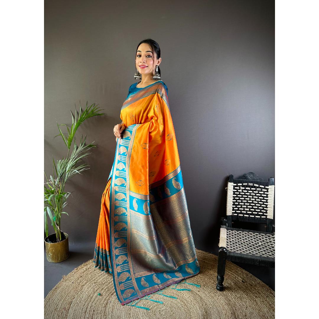 Mustard And Blue Pure Soft Banarasi Zari Woven Silk Saree