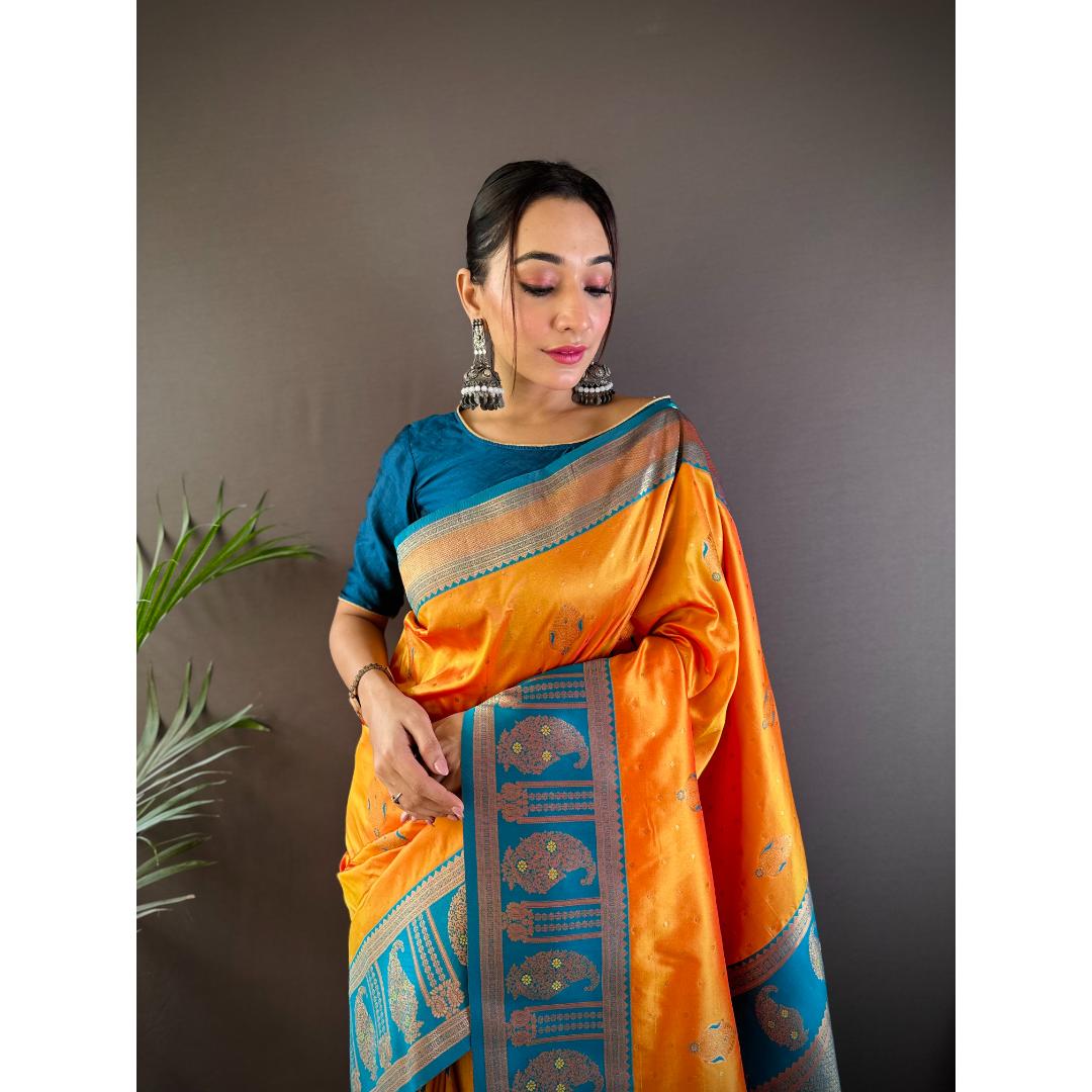 Mustard And Blue Pure Soft Banarasi Zari Woven Silk Saree