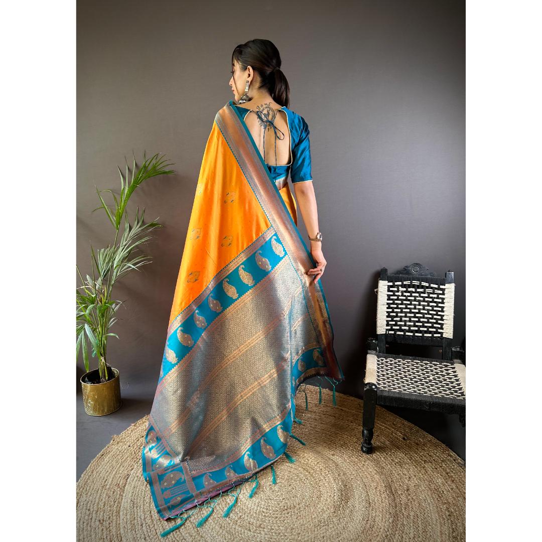 Mustard And Blue Pure Soft Banarasi Zari Woven Silk Saree