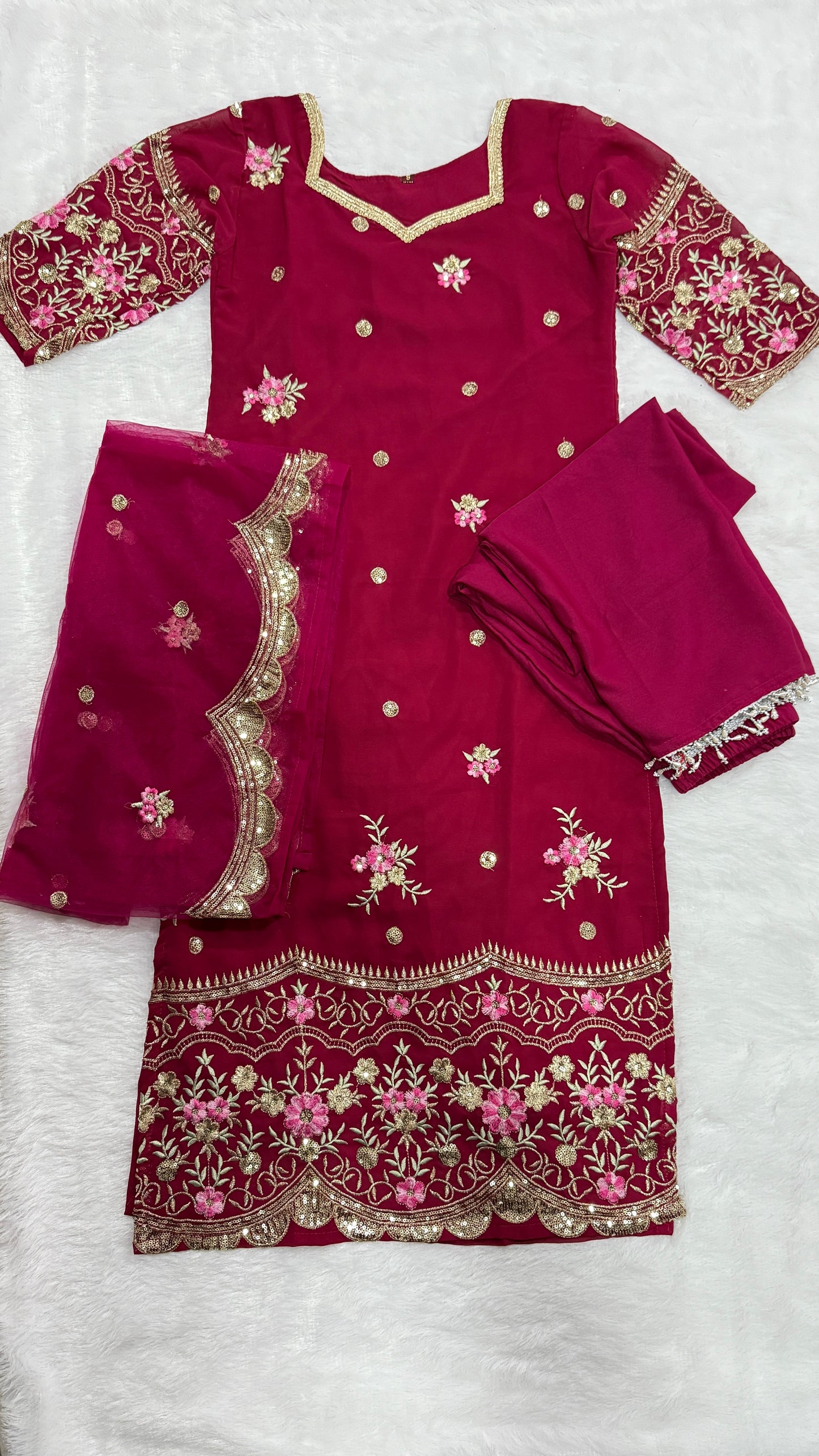 Walusha Cheery Pink Embroidery Designer Georgette Kurti Set