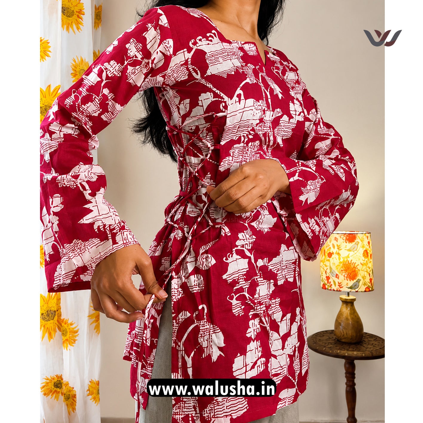 Maroon Abstract Printed Side Corset Short Kurti