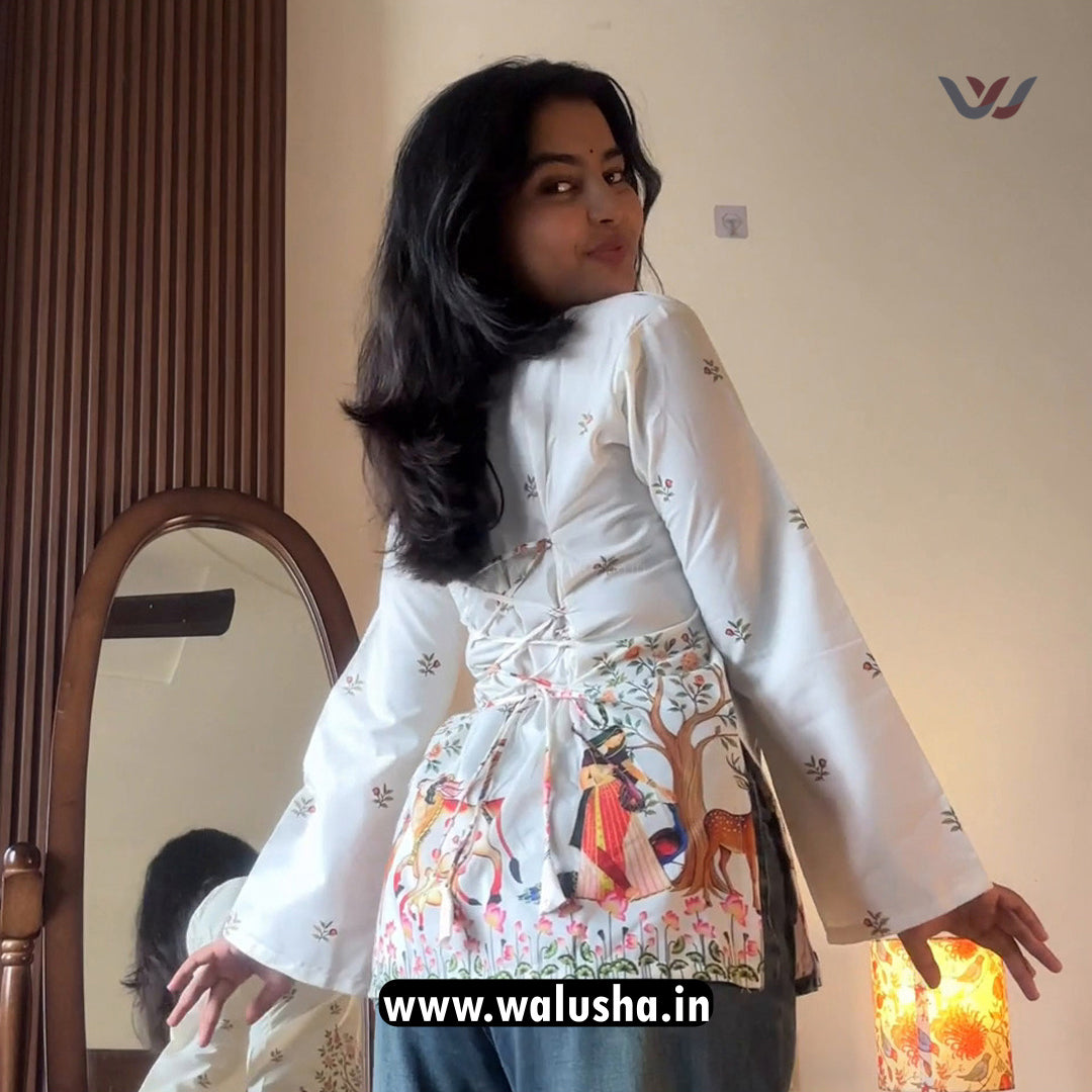 White Handcrafted Nature Printed Corset Back Short Kurti