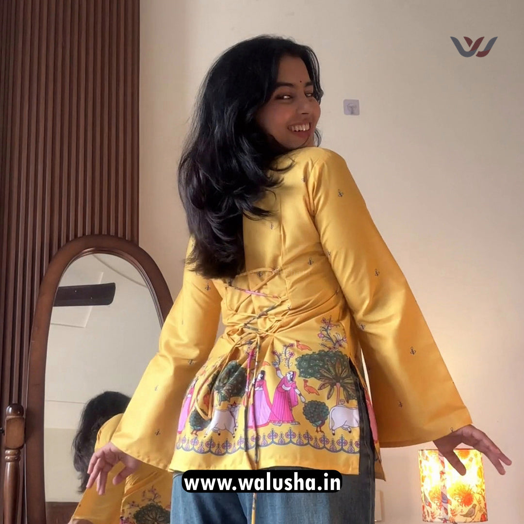 Mustard Ethnic Folk Illustration Printed Corset Back Short Kurti