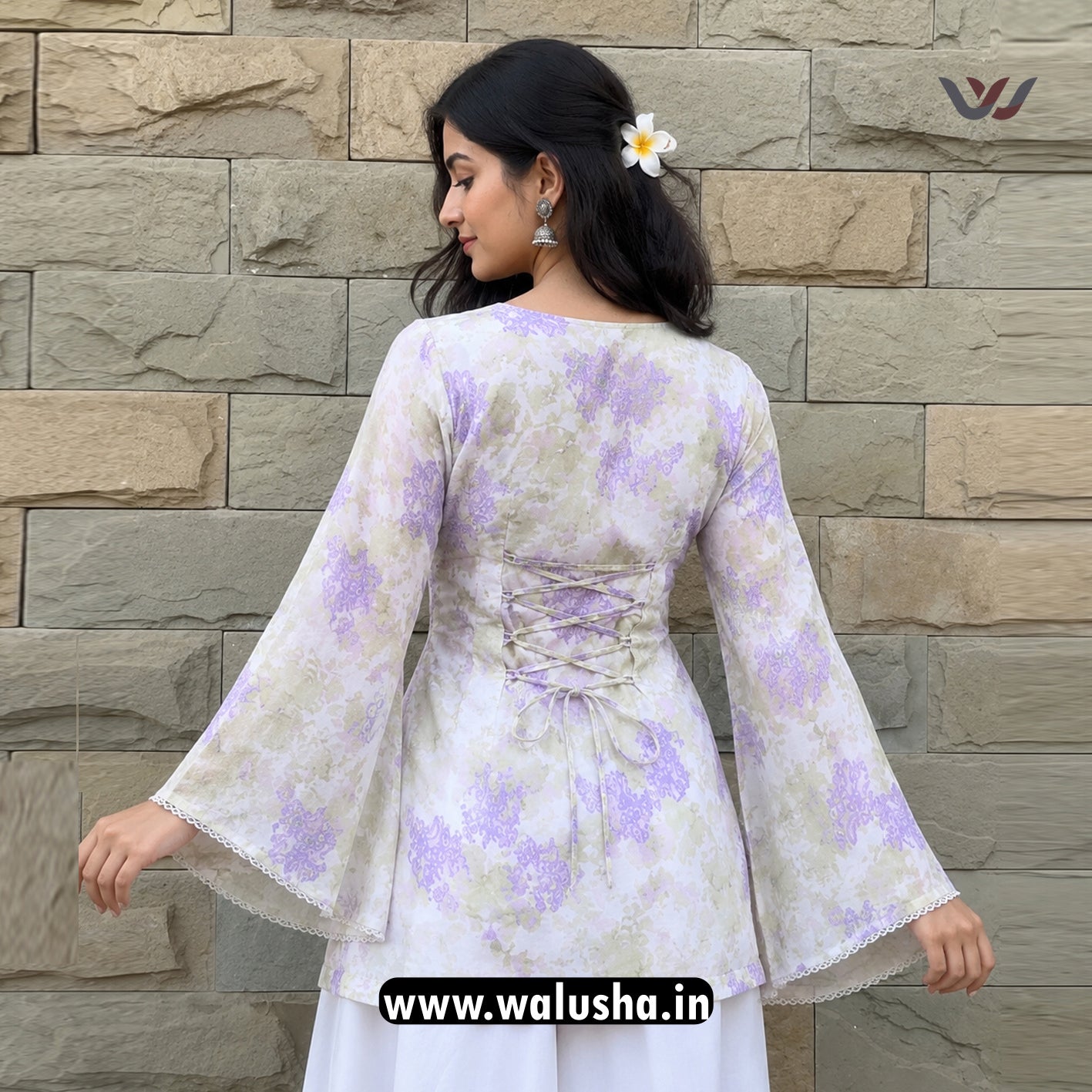 Lavender And White Floral Printed Corset Back Short Kurti