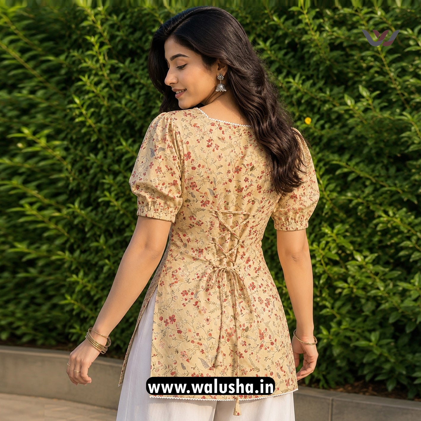 Beige Floral Printed Corset Back Short Kurti