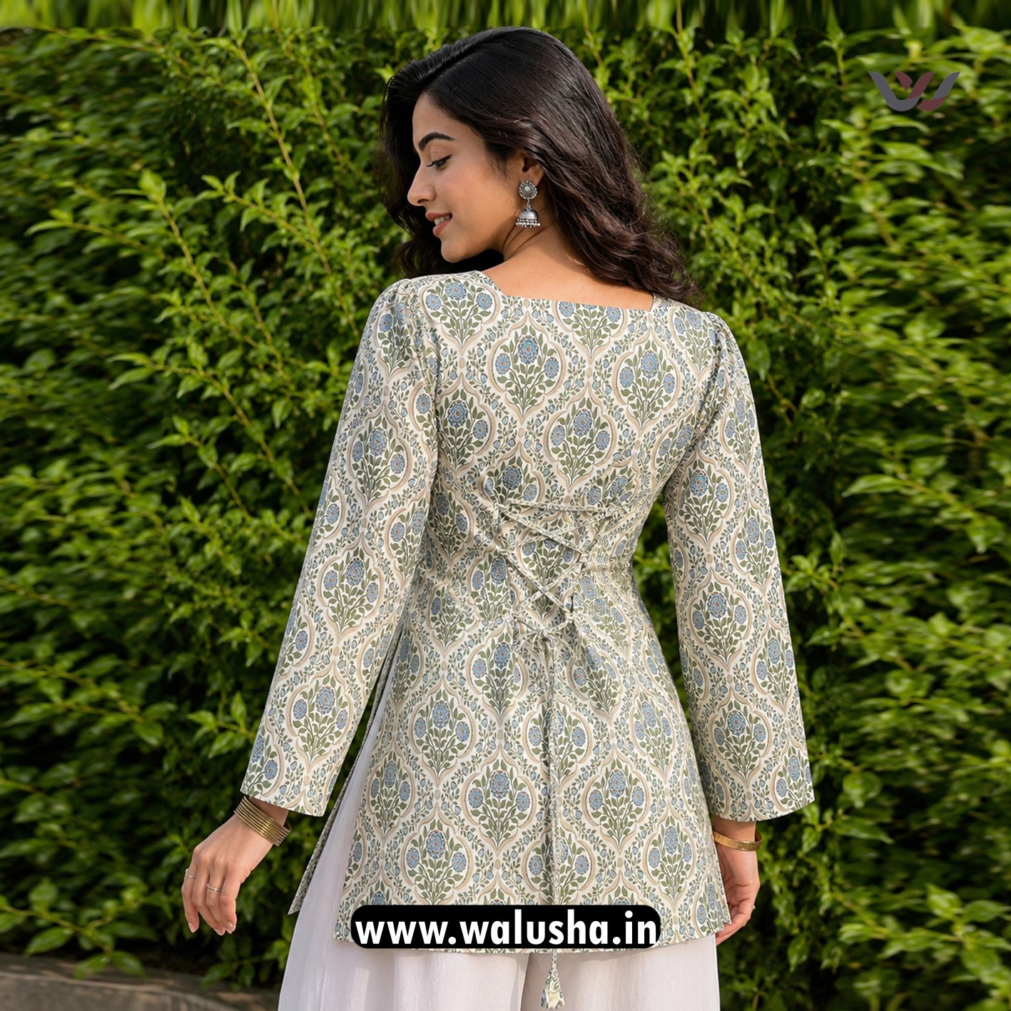 Olive Green And Blue Floral Printed Corset Back Short Kurti