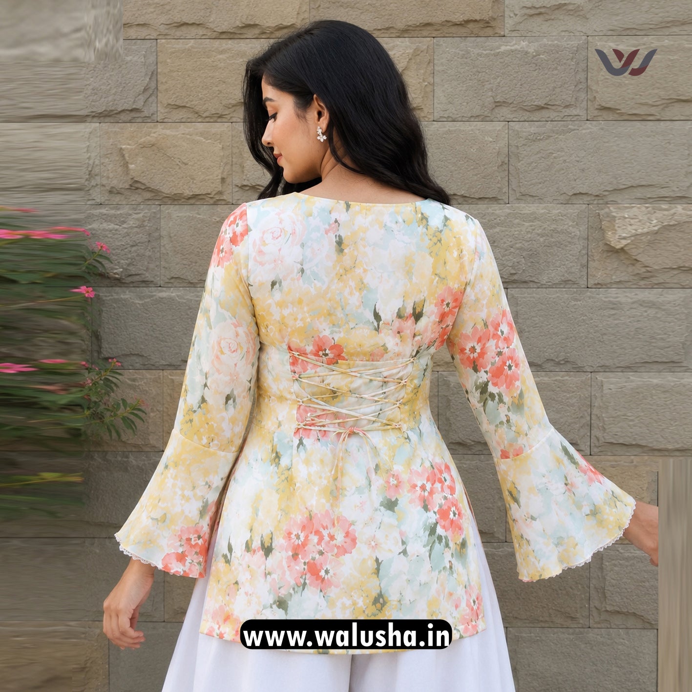 Pastel Yellow Floral Printed Corset Back Short Kurti