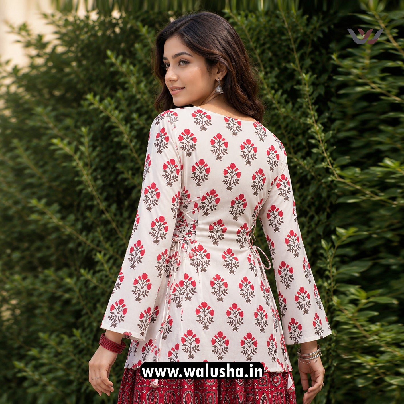 White And Red Floral Printed Corset Short Kurti