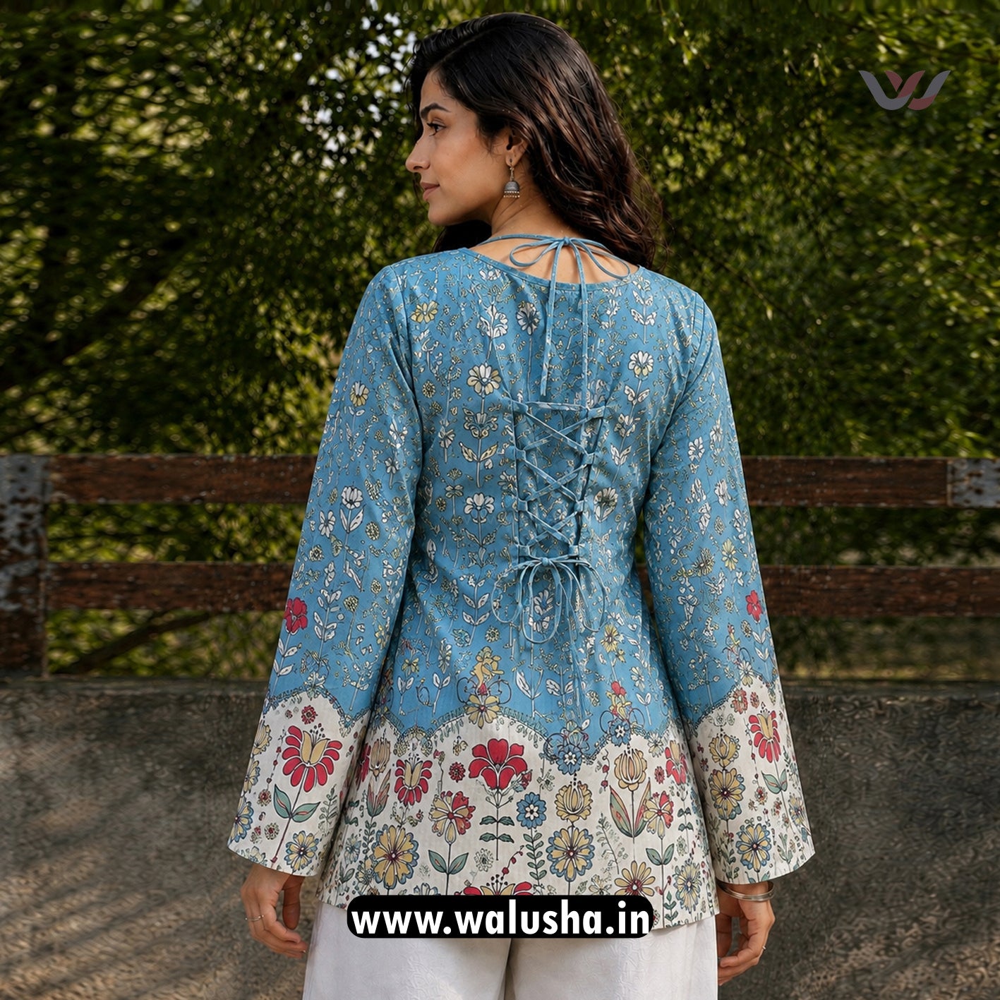 Aqua Blue Windflower Printed Corset Back Short Kurti
