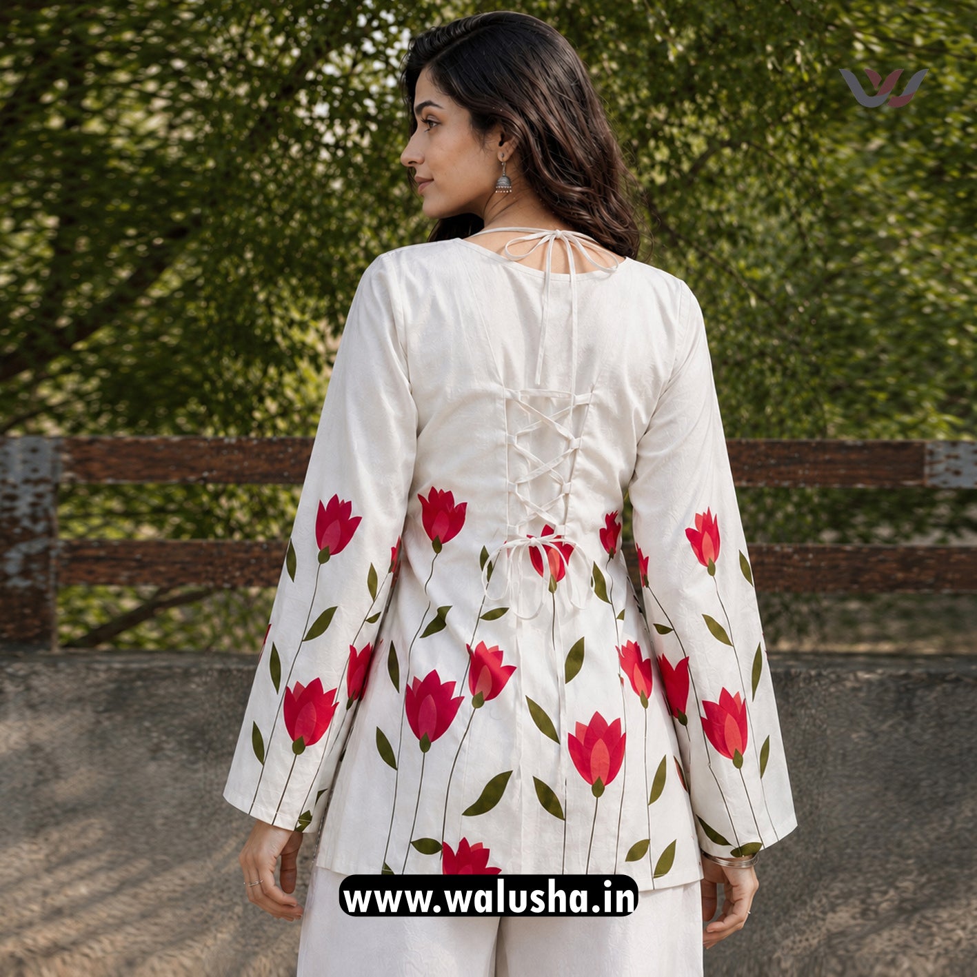 White And Red Floral Printed Corset Back Short Kurti