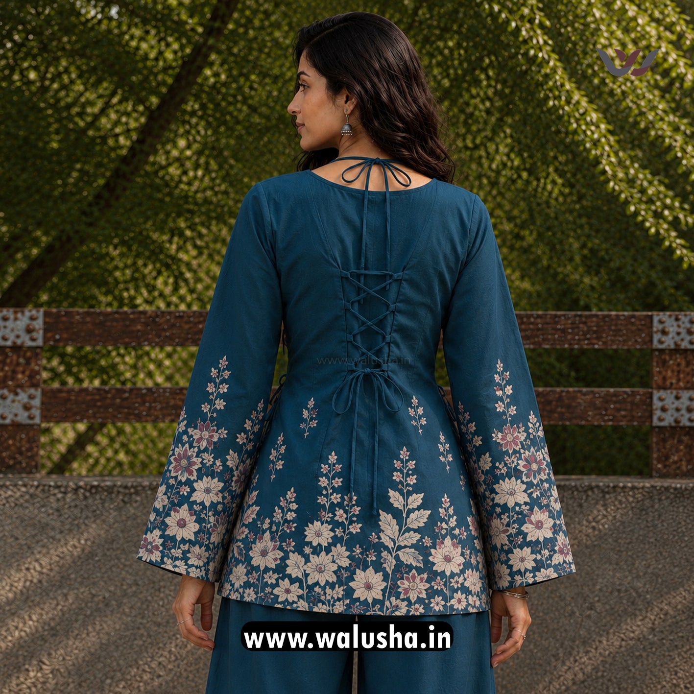 Teal Blue Floral Printed Corset Back Short Kurti
