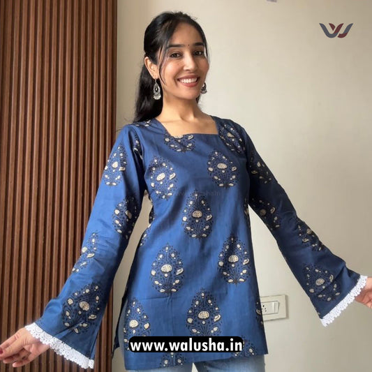 Navy Blue Floral Printed Bell Sleeve Short Kurti